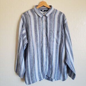 Lands' End 100% Linen Striped Button Up Top Long Sleeves Blue XL Coastal Beachy